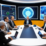 **

A bright, modern international conference scene. Focus on a diverse group of nuclear engineers in professional attire, actively engaged in discussions around a table filled with laptops and documents. A holographic display in the background showcases a complex reactor design with AI and IoT elements highlighted. The overall mood should be optimistic and forward-thinking, emphasizing global collaboration.

**