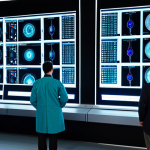 A diverse team of professional nuclear physicists and engineers, fully clothed in professional dress, collaborating intently around a holographic projection displaying complex quantum simulation data for a Small Modular Reactor (SMR) core. They are pointing at intricate 3D models of neutron flux and fuel behavior. The setting is a futuristic, clean, well-lit nuclear research laboratory with advanced computing workstations. High detail, sharp focus, natural lighting, perfect anatomy, correct proportions, natural pose, well-formed hands, proper finger count, natural body proportions, safe for work, appropriate content, fully clothed, professional.