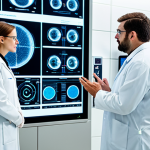 A diverse team of professional nuclear engineers in modern lab coats, standing in a clean, state-of-the-art research facility. They are observing a holographic display of a Small Modular Reactor (SMR) design, with digital twin data interfaces visible on large screens in the background. The atmosphere is collaborative and forward-looking, emphasizing innovation and safety in energy. The setting is brightly lit, showcasing precision and advanced technology. The individuals are fully clothed in professional attire, with perfect anatomy and natural poses, well-formed hands, and proper finger count. safe for work, appropriate content, family-friendly, professional photography, high quality.