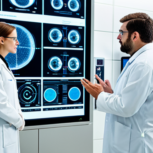 A diverse team of professional nuclear engineers in modern lab coats, standing in a clean, state-of-the-art research facility. They are observing a holographic display of a Small Modular Reactor (SMR) design, with digital twin data interfaces visible on large screens in the background. The atmosphere is collaborative and forward-looking, emphasizing innovation and safety in energy. The setting is brightly lit, showcasing precision and advanced technology. The individuals are fully clothed in professional attire, with perfect anatomy and natural poses, well-formed hands, and proper finger count. safe for work, appropriate content, family-friendly, professional photography, high quality.