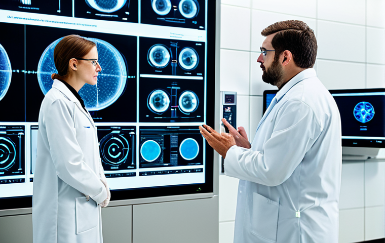 A diverse team of professional nuclear engineers in modern lab coats, standing in a clean, state-of-the-art research facility. They are observing a holographic display of a Small Modular Reactor (SMR) design, with digital twin data interfaces visible on large screens in the background. The atmosphere is collaborative and forward-looking, emphasizing innovation and safety in energy. The setting is brightly lit, showcasing precision and advanced technology. The individuals are fully clothed in professional attire, with perfect anatomy and natural poses, well-formed hands, and proper finger count. safe for work, appropriate content, family-friendly, professional photography, high quality.