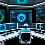 원자력 발전소의 시뮬레이션 기술 - A highly advanced, futuristic control room of a nuclear power plant. In the center, a massive, trans...