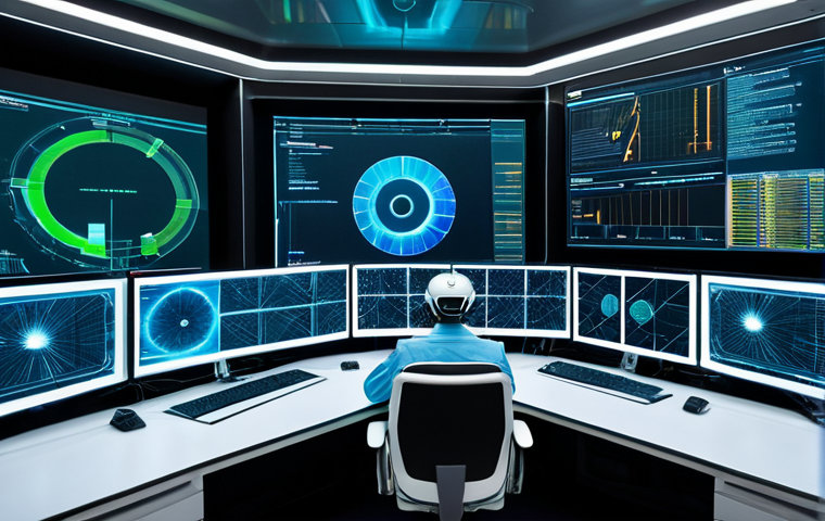 원자력 발전소의 시뮬레이션 기술 - A highly advanced, futuristic control room of a nuclear power plant. In the center, a massive, trans...