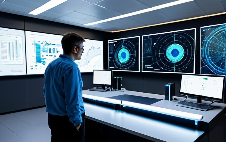 원자력 발전소의 시뮬레이션 기술 - A highly advanced, futuristic control room of a nuclear power plant. In the center, a massive, trans...