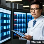 원자력 기술자 채용 공고 분석 - A professional Japanese nuclear engineer in business casual attire wearing safety glasses and holdin...