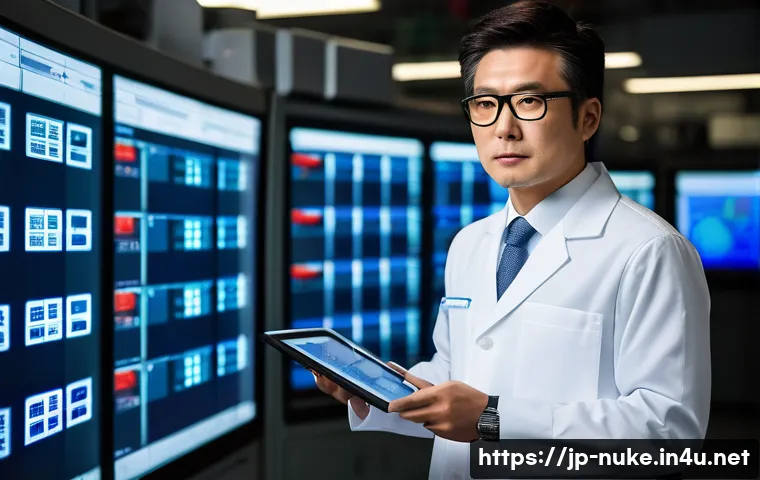 원자력 기술자 채용 공고 분석 - A professional Japanese nuclear engineer in business casual attire wearing safety glasses and holdin...