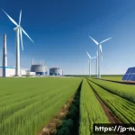 원자력 발전과 재생에너지의 협력 - A detailed landscape of a modern energy facility blending advanced nuclear power reactors with large...