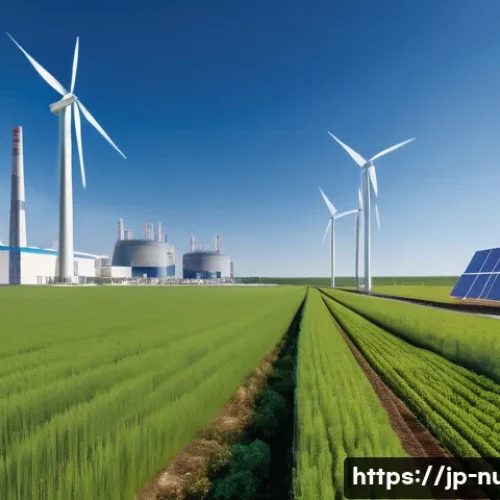 원자력 발전과 재생에너지의 협력 - A detailed landscape of a modern energy facility blending advanced nuclear power reactors with large...