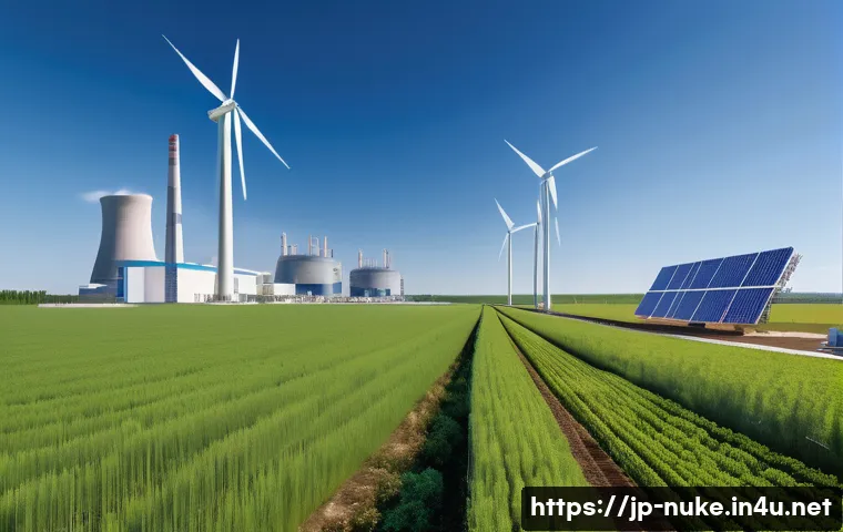 원자력 발전과 재생에너지의 협력 - A detailed landscape of a modern energy facility blending advanced nuclear power reactors with large...