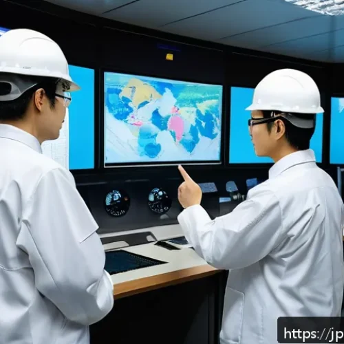 원자력 기술자가 알아야 할 법률 - A modern nuclear power plant control room scene with Japanese engineers and managers wearing profess...