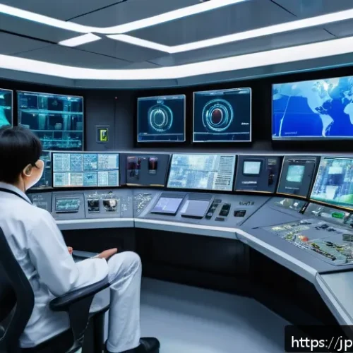 원자력 발전소 기술의 디지털화 사례 - A high-tech nuclear power plant control room featuring advanced IoT sensors and digital twin technol...