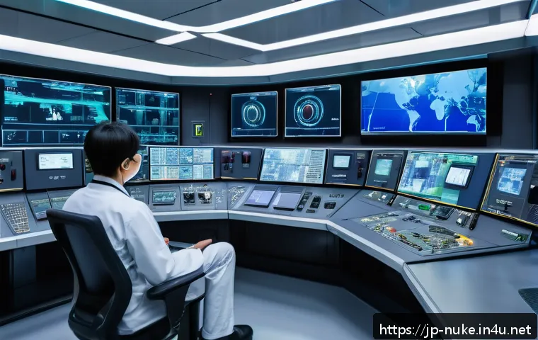 원자력 발전소 기술의 디지털화 사례 - A high-tech nuclear power plant control room featuring advanced IoT sensors and digital twin technol...