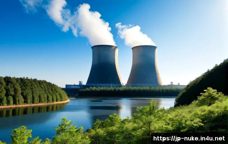 원자력 발전과 탄소 배출 저감 효과 - Photorealistic wide landscape of a modern nuclear power station with clean white cooling towers rele...