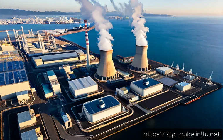 원자력 발전소의 경제적 효과 분석 - Photorealistic aerial view of a modern coastal nuclear power plant in Japan at sunrise, clean reacto...