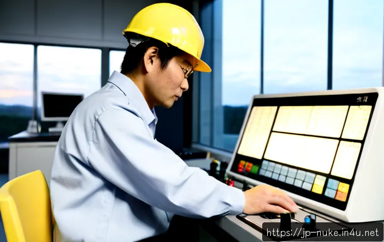 원자력 엔지니어의 업무 균형 유지 - Photorealistic nuclear engineer in a clean modern Japanese control facility, calmly finishing a shif...